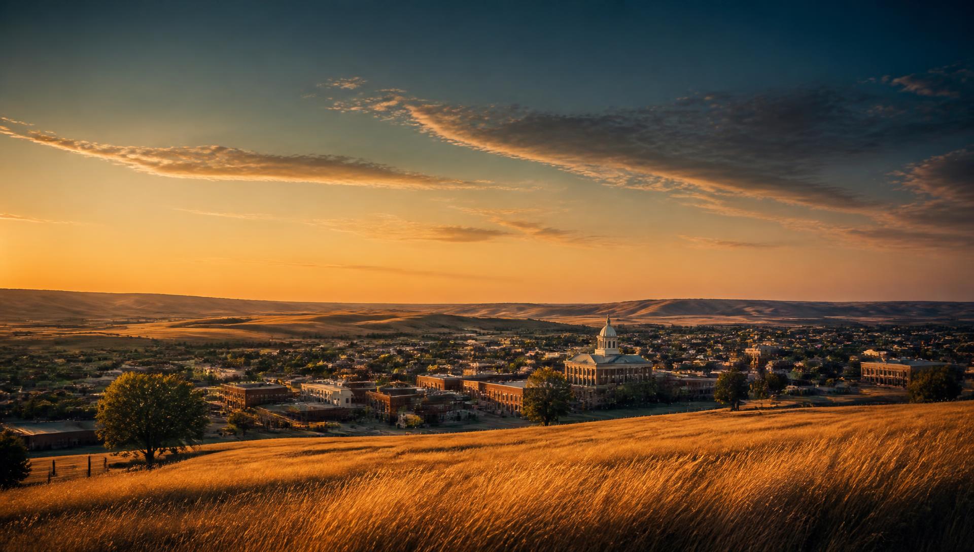 Wide landscape view of a small town at golden hour.